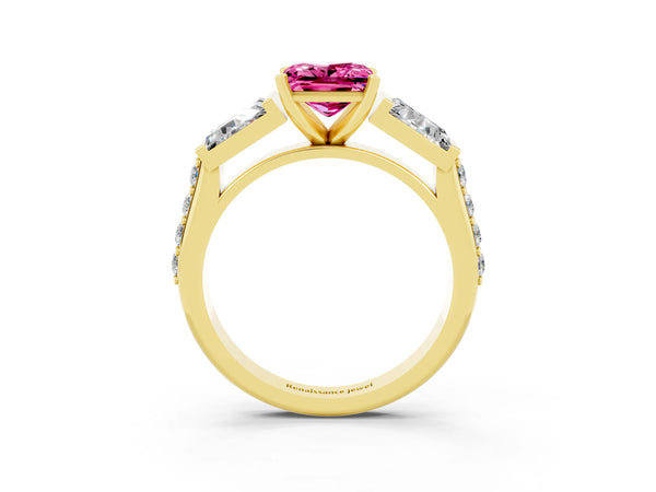 Yellow gold Princess Cut Pink Sapphire Engagement Ring with Baguette Side Stones and Channel Set Band