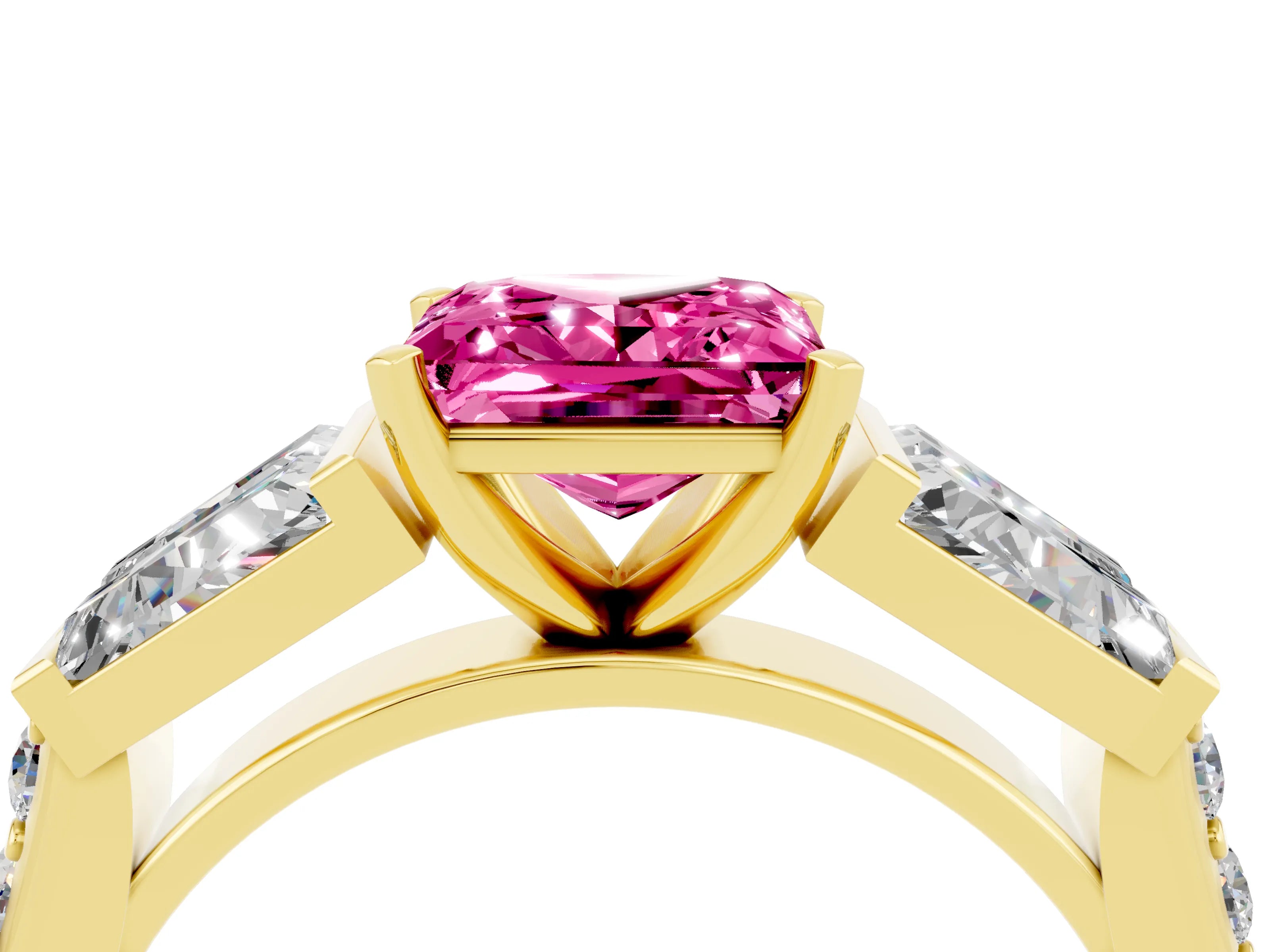 Yellow gold Princess Cut Pink Sapphire Engagement Ring with Baguette Side Stones and Channel Set Band_4