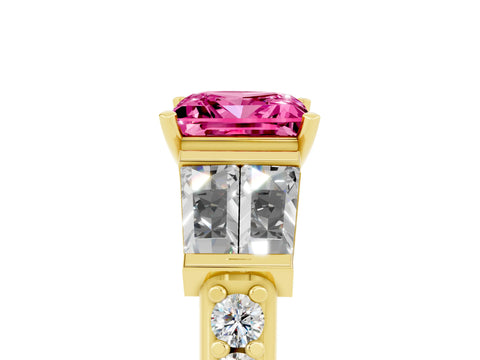 Yellow gold Princess Cut Pink Sapphire Engagement Ring with Baguette Side Stones and Channel Set Band_5