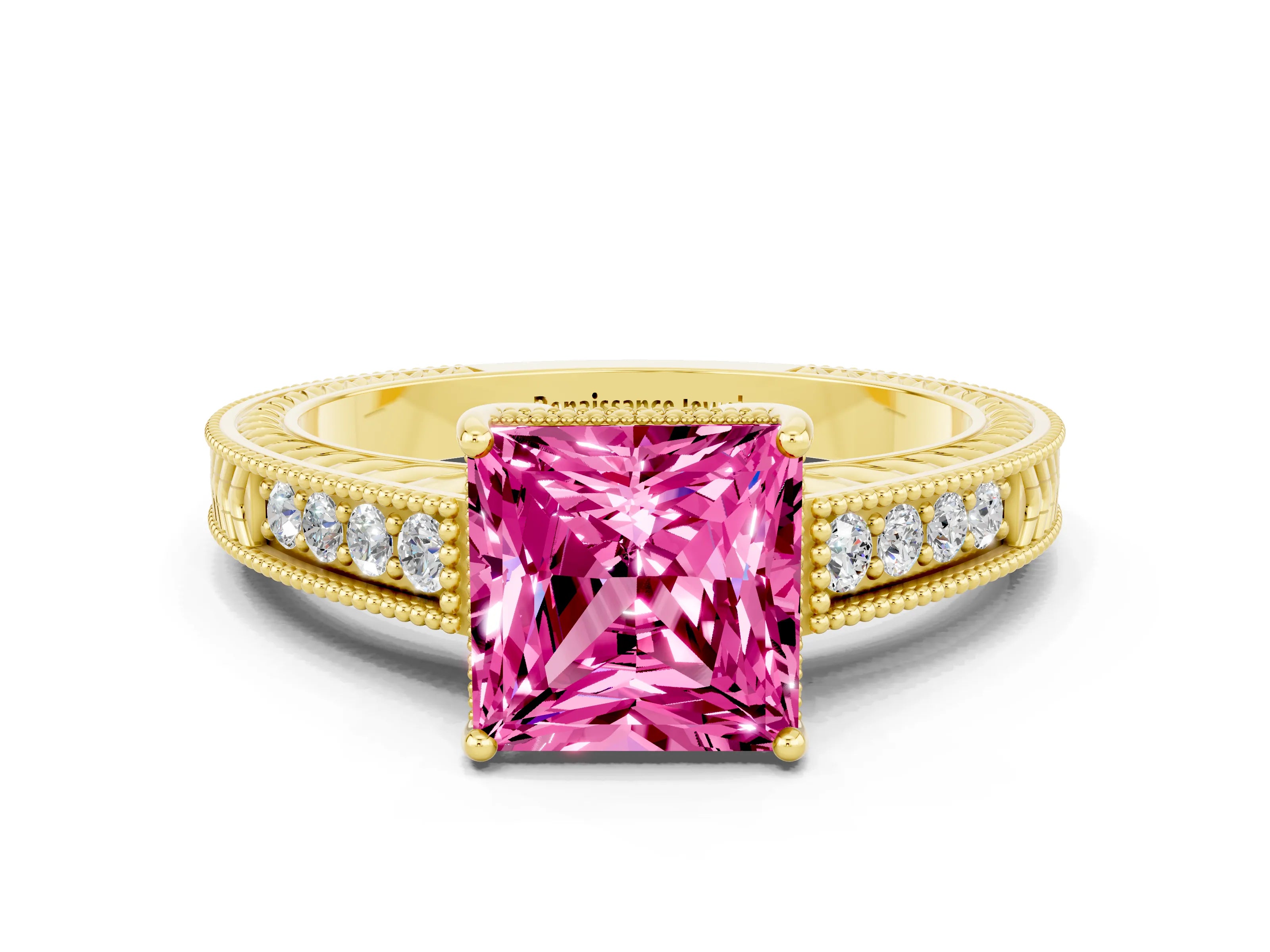 Yellow gold Princess Cut Pink Sapphire Engagement Ring with Milgrain Channel Set Band and Prong Setting_24