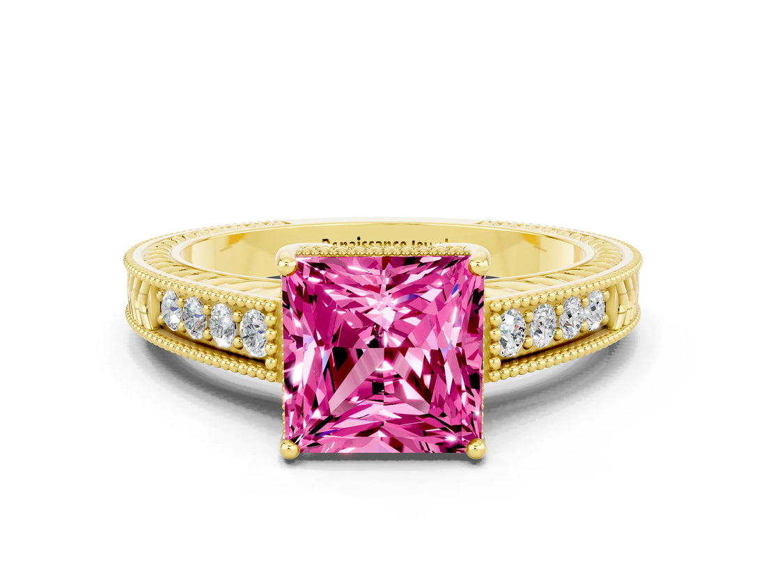 Yellow gold Princess Cut Pink Sapphire Engagement Ring with Milgrain Channel Set Band and Prong Setting_24