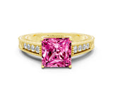 Yellow gold Princess Cut Pink Sapphire Engagement Ring with Milgrain Channel Set Band and Prong Setting_24