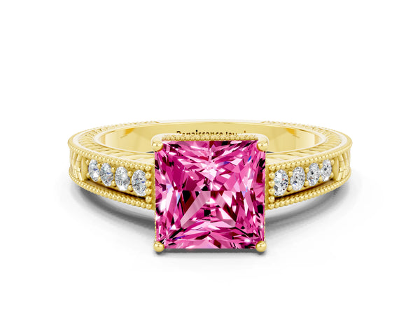 Yellow gold Princess Cut Pink Sapphire Engagement Ring with Milgrain Channel Set Band and Prong Setting