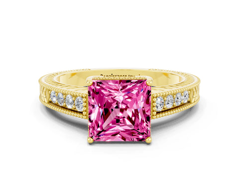 Yellow gold Princess Cut Pink Sapphire Engagement Ring with Milgrain Channel Set Band and Prong Setting_24