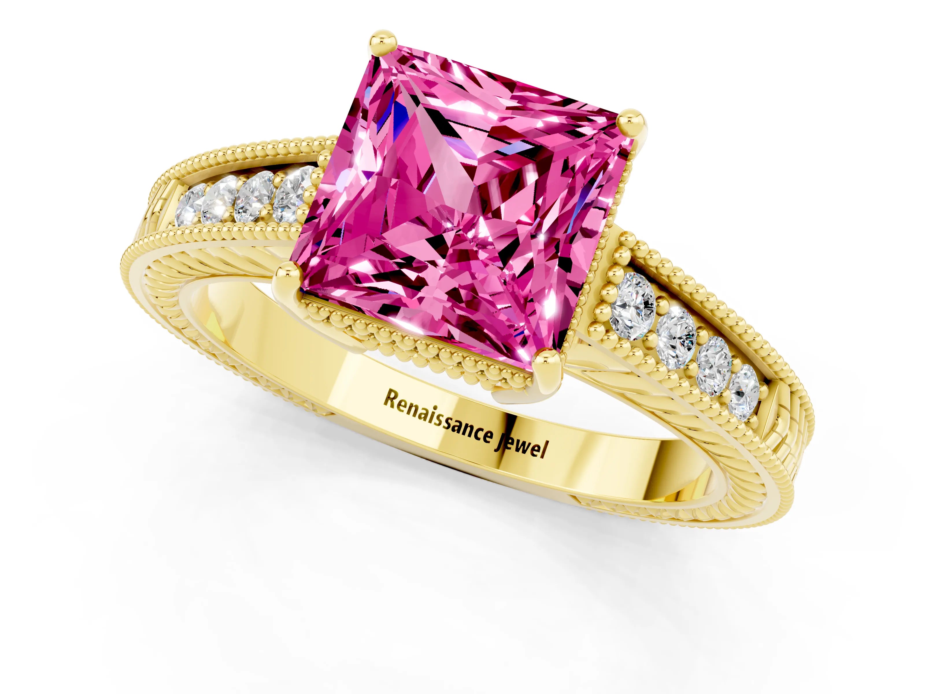 Yellow gold Princess Cut Pink Sapphire Engagement Ring with Milgrain Channel Set Band and Prong Setting_25