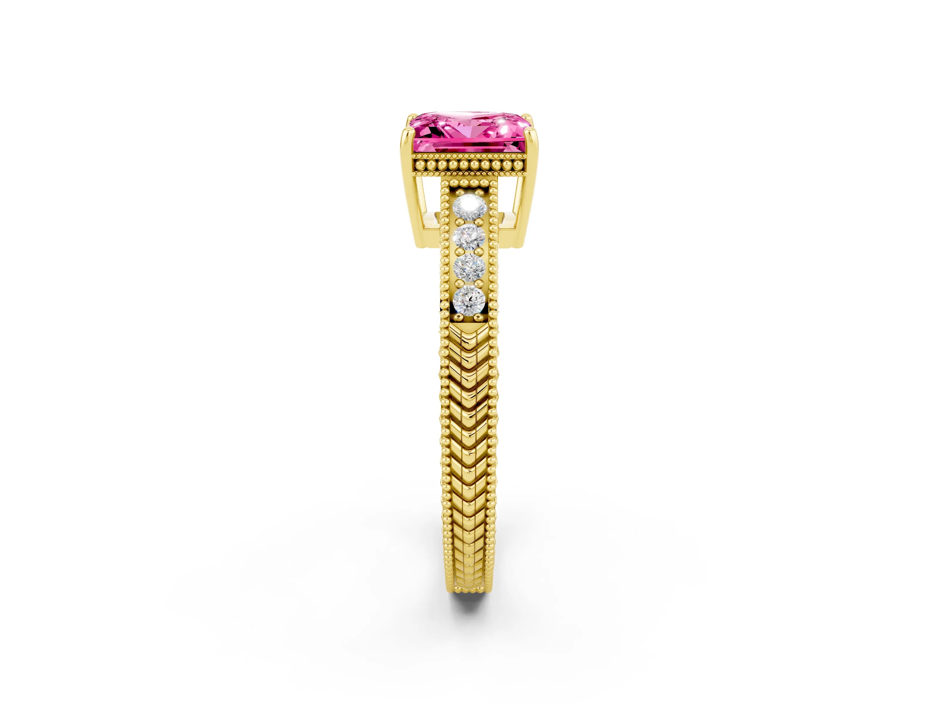Yellow gold Princess Cut Pink Sapphire Engagement Ring with Milgrain Channel Set Band and Prong Setting_26