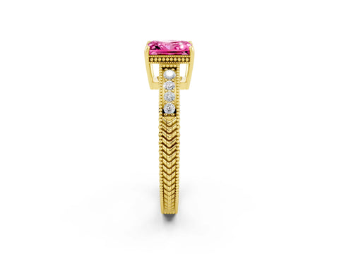 Yellow gold Princess Cut Pink Sapphire Engagement Ring with Milgrain Channel Set Band and Prong Setting_26