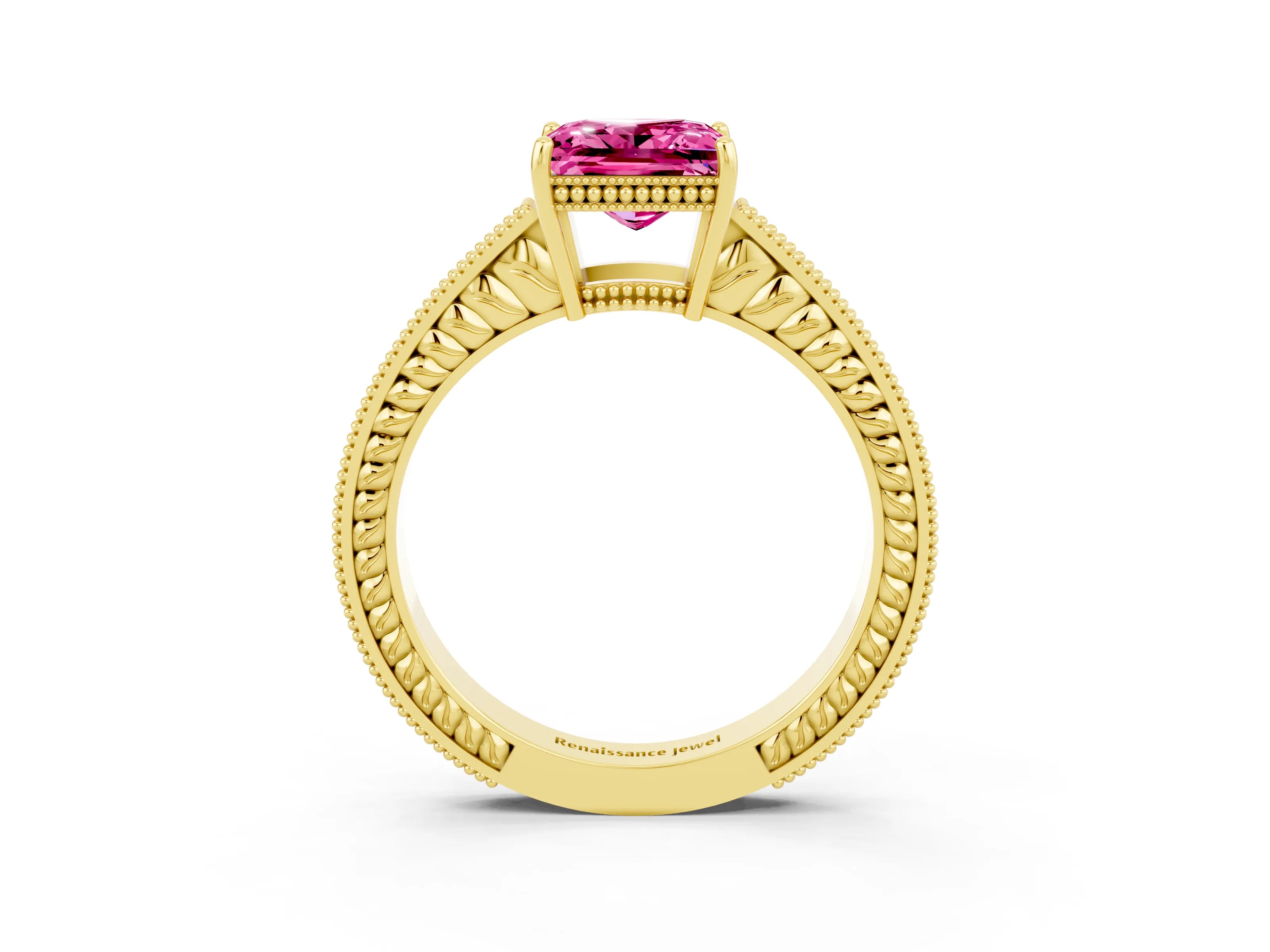 Yellow gold Princess Cut Pink Sapphire Engagement Ring with Milgrain Channel Set Band and Prong Setting_27