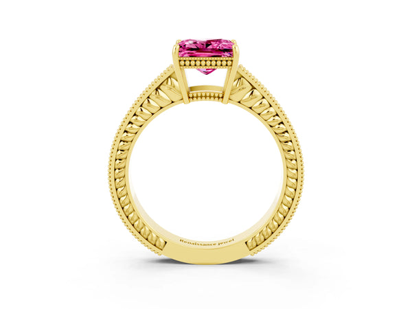 Yellow gold Princess Cut Pink Sapphire Engagement Ring with Milgrain Channel Set Band and Prong Setting