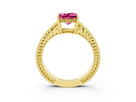 Yellow gold Princess Cut Pink Sapphire Engagement Ring with Milgrain Channel Set Band and Prong Setting_27
