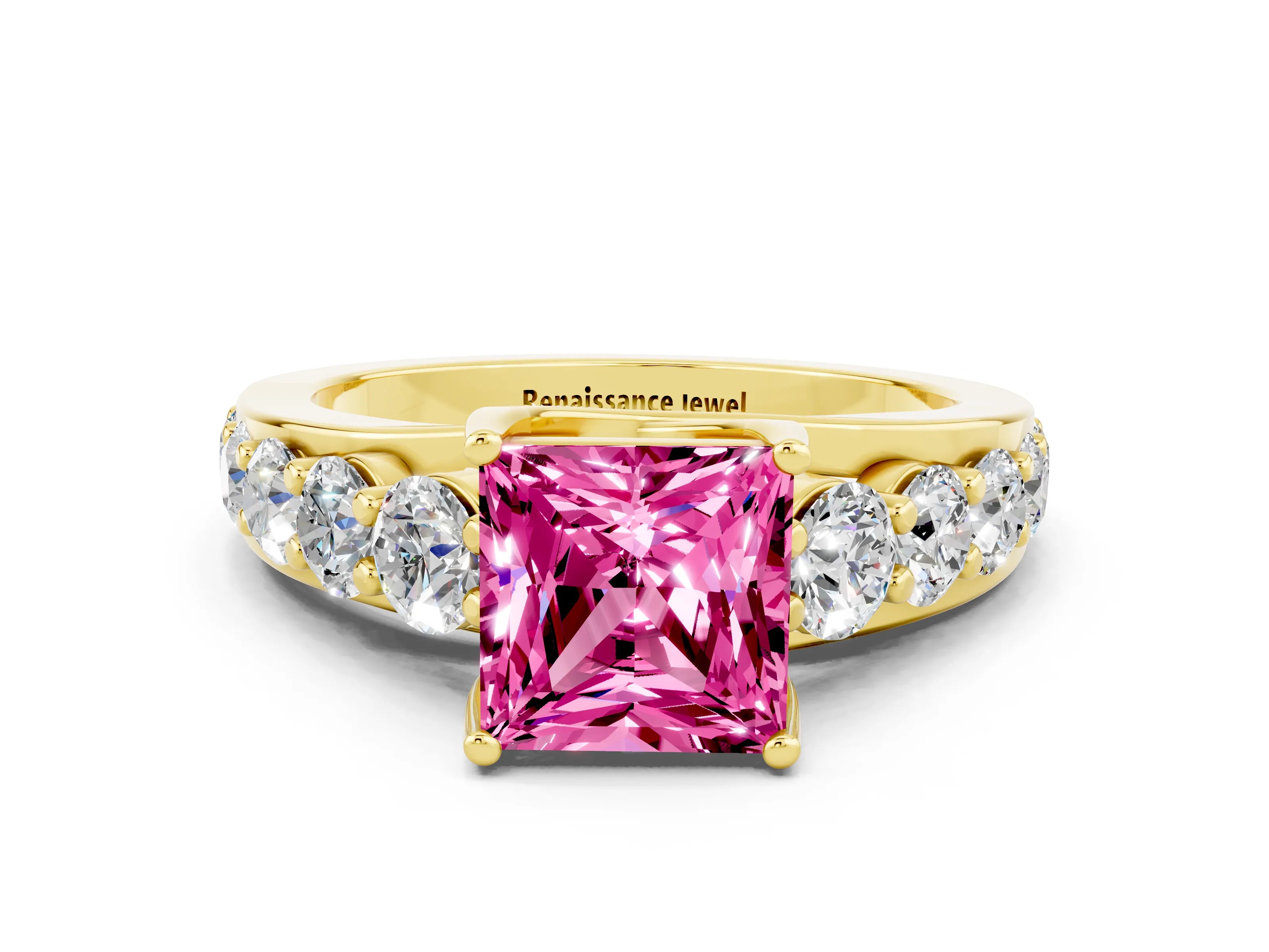 Yellow gold Princess Cut Pink Sapphire Engagement Ring with Pavé Band and Four-Prong Setting