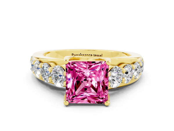 Yellow gold Princess Cut Pink Sapphire Engagement Ring with Pavé Band and Four-Prong Setting