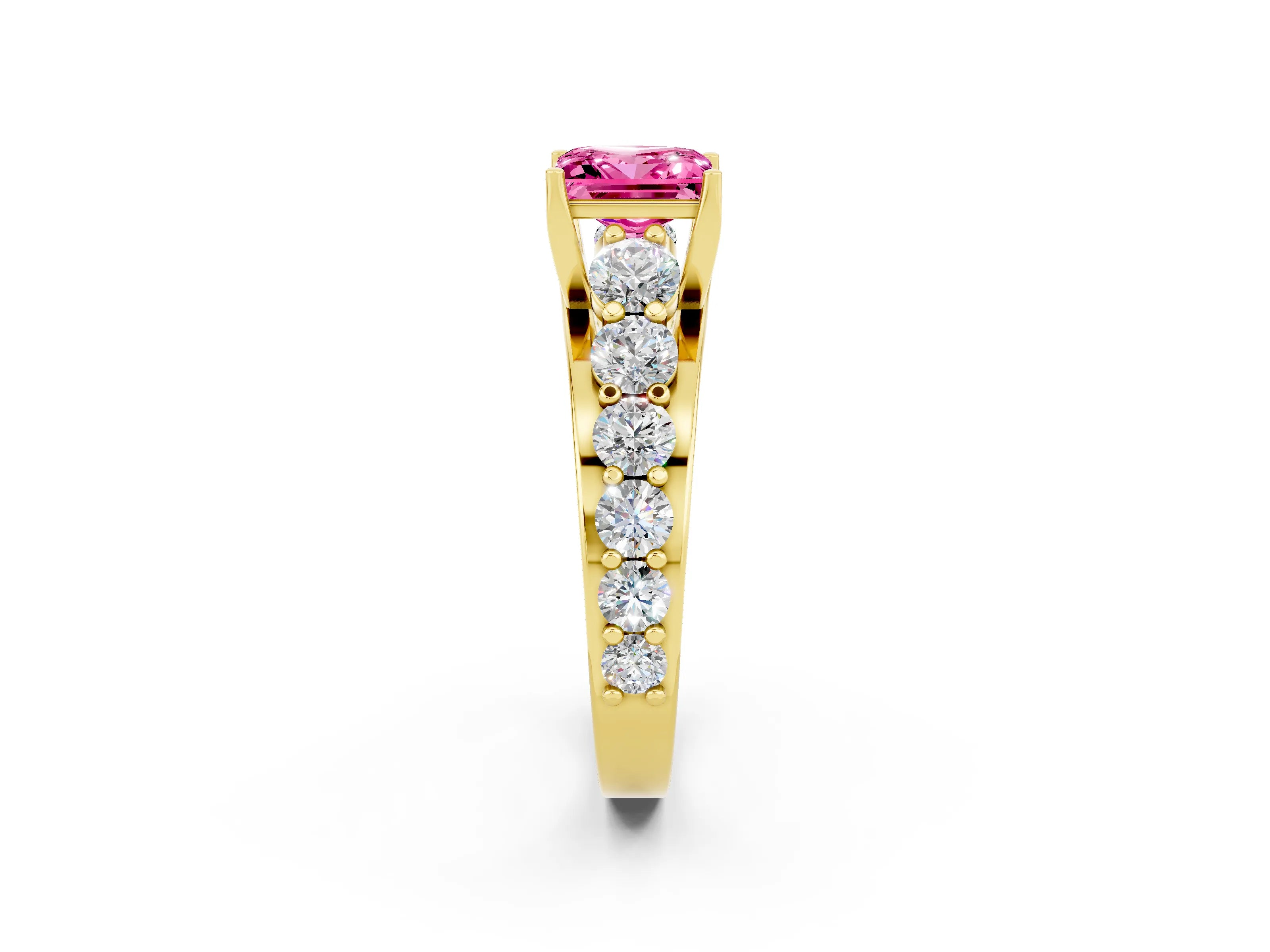 Yellow gold Princess Cut Pink Sapphire Engagement Ring with Pavé Band and Four-Prong Setting_2