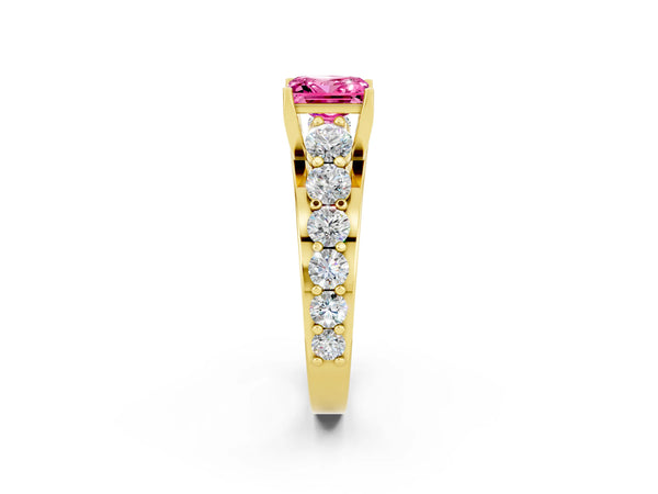 Yellow gold Princess Cut Pink Sapphire Engagement Ring with Pavé Band and Four-Prong Setting