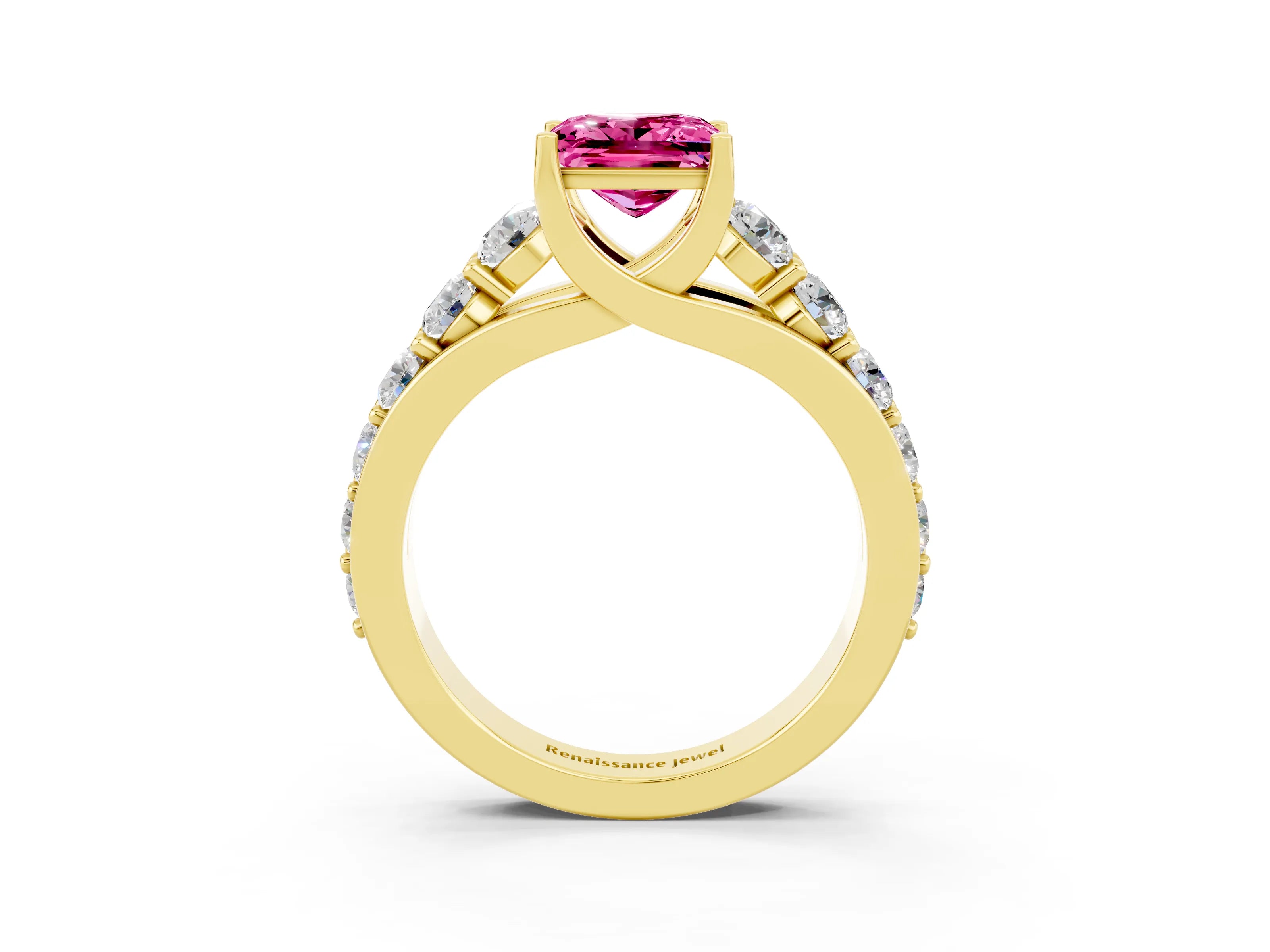 Yellow gold Princess Cut Pink Sapphire Engagement Ring with Pavé Band and Four-Prong Setting_3