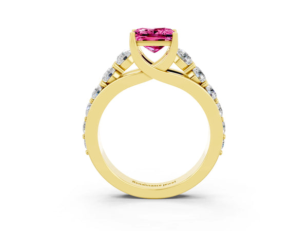 Yellow gold Princess Cut Pink Sapphire Engagement Ring with Pavé Band and Four-Prong Setting