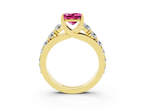 Yellow gold Princess Cut Pink Sapphire Engagement Ring with Pavé Band and Four-Prong Setting_3