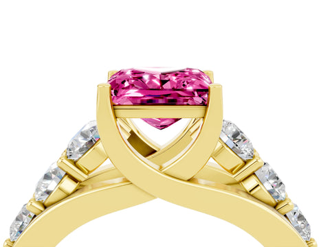 Yellow gold Princess Cut Pink Sapphire Engagement Ring with Pavé Band and Four-Prong Setting_4