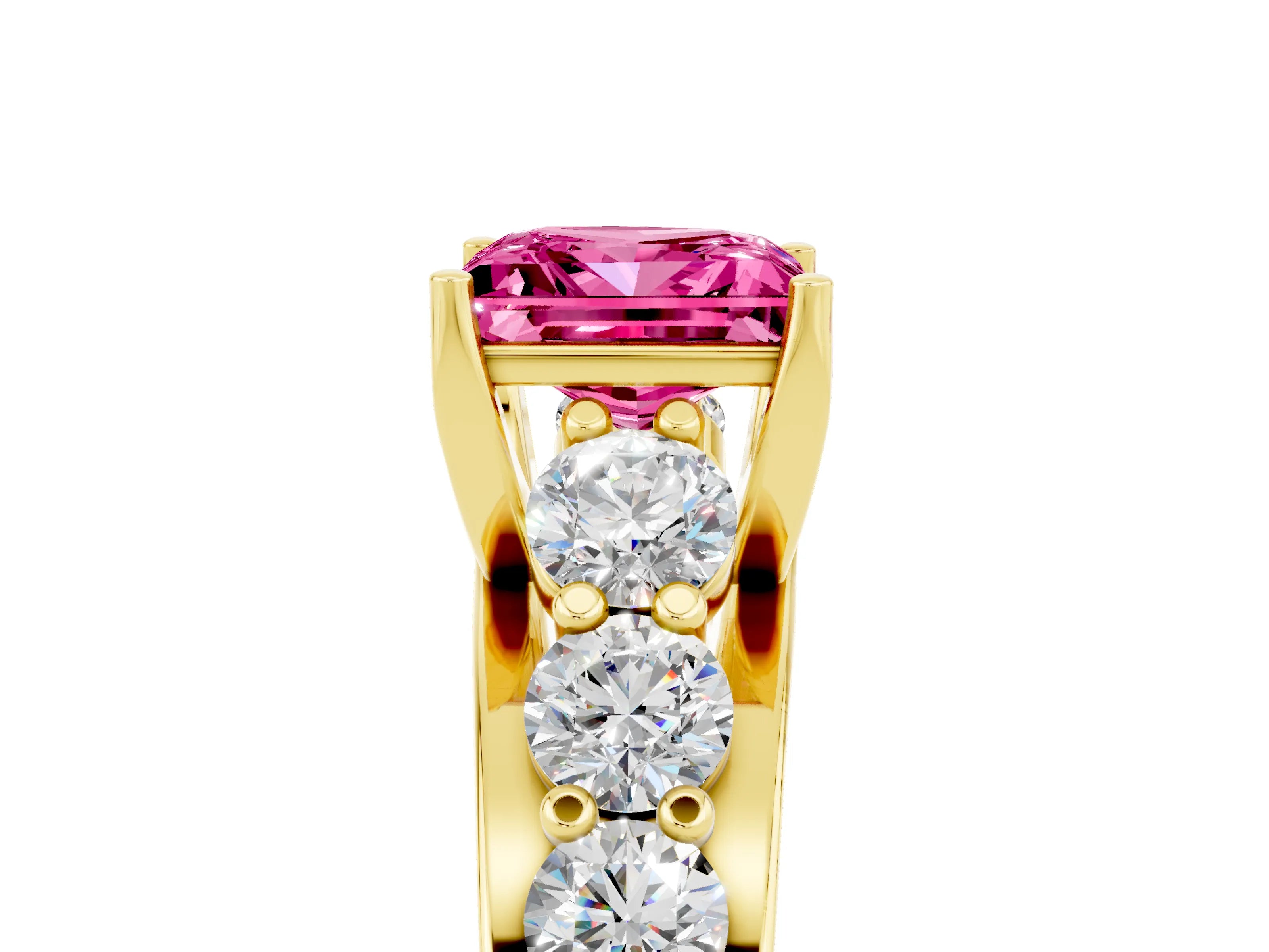 Yellow gold Princess Cut Pink Sapphire Engagement Ring with Pavé Band and Four-Prong Setting_5