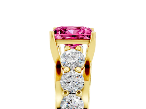 Yellow gold Princess Cut Pink Sapphire Engagement Ring with Pavé Band and Four-Prong Setting_5
