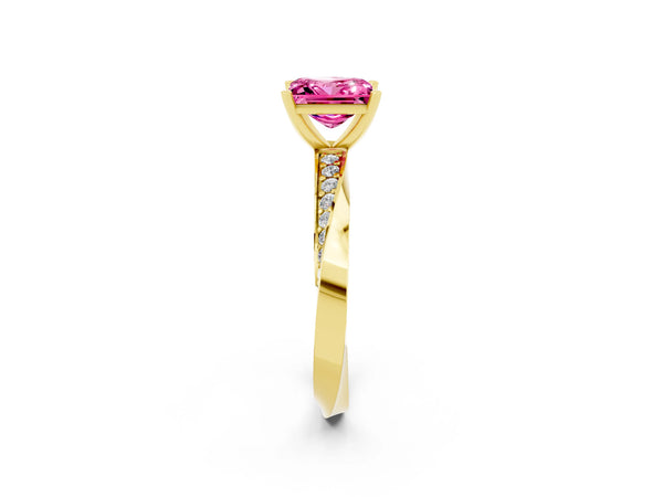 Yellow gold Princess Cut Pink Sapphire Engagement Ring with Side Stone Accents and Four-Prong Setting