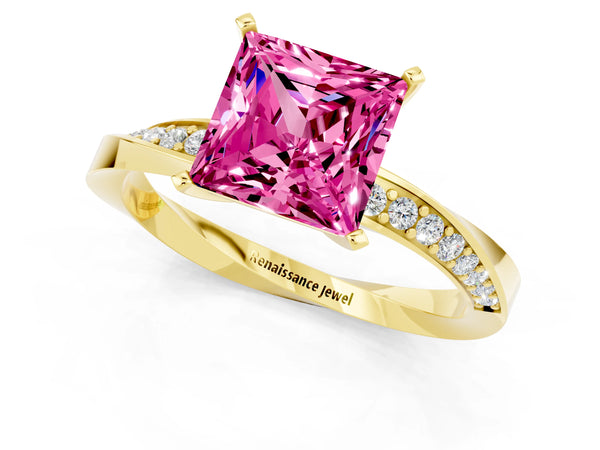 Yellow gold Princess Cut Pink Sapphire Engagement Ring with Side Stone Accents and Four-Prong Setting