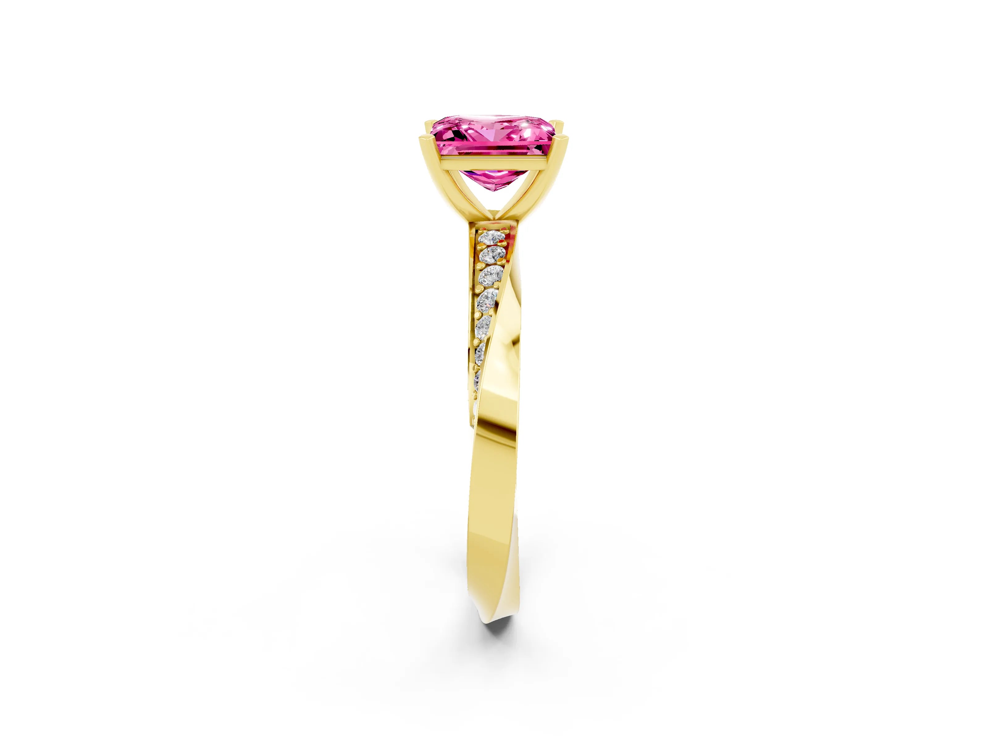Yellow gold Princess Cut Pink Sapphire Engagement Ring with Side Stone Accents and Four-Prong Setting_65
