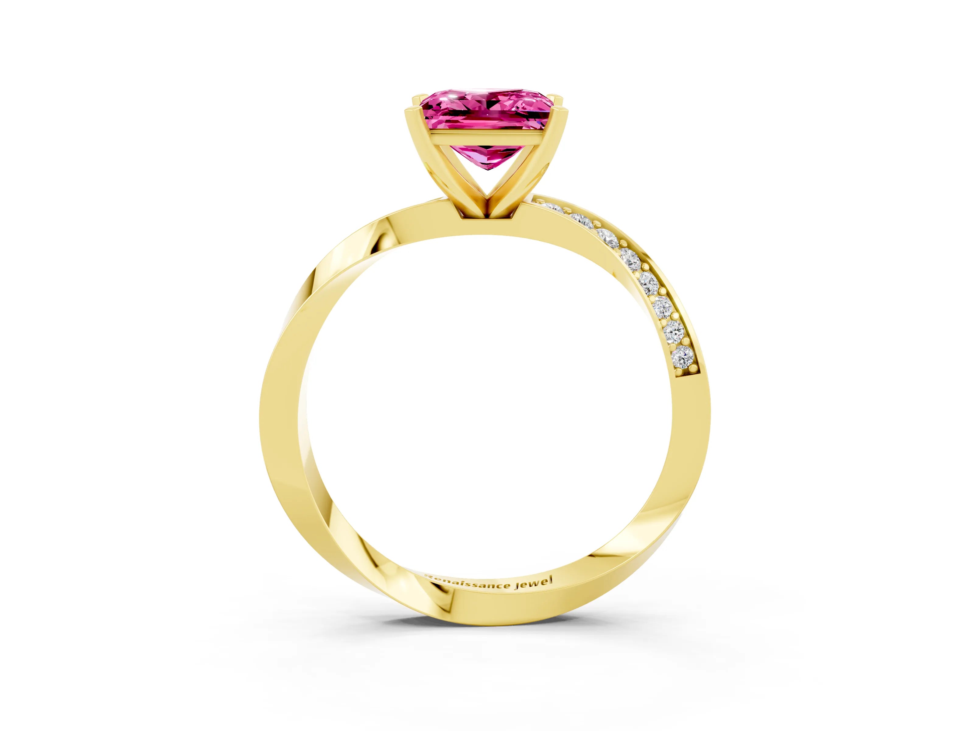 Yellow gold Princess Cut Pink Sapphire Engagement Ring with Side Stone Accents and Four-Prong Setting_66