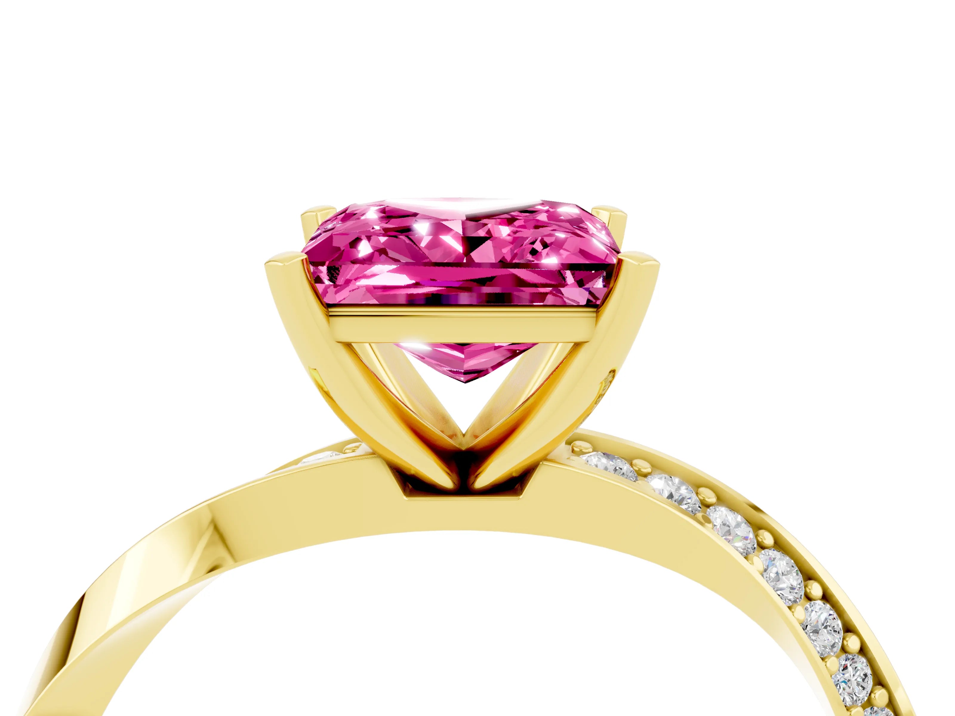 Yellow gold Princess Cut Pink Sapphire Engagement Ring with Side Stone Accents and Four-Prong Setting_67