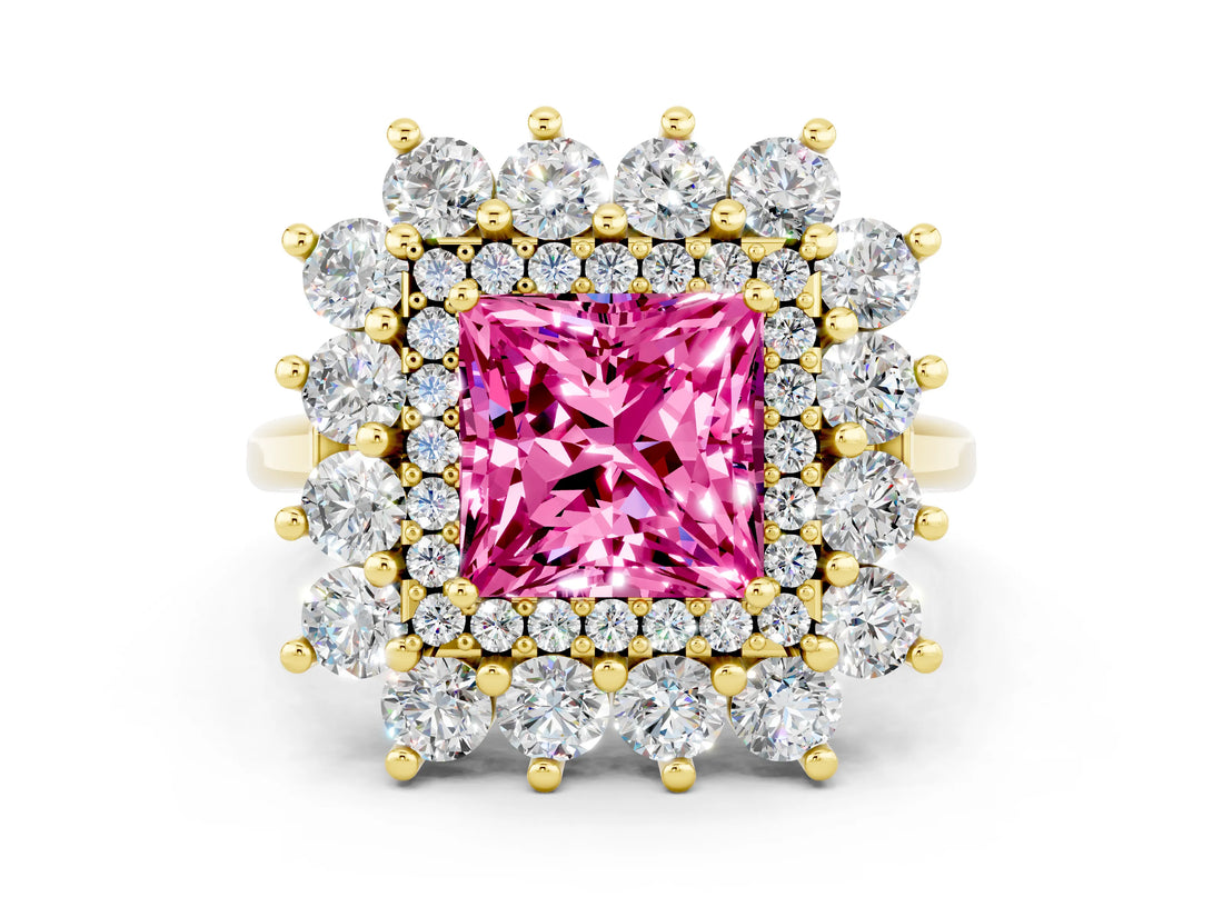 Yellow gold Princess Cut Pink Sapphire Floral Double Halo Engagement Ring with Prong Setting_60