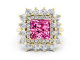 Yellow gold Princess Cut Pink Sapphire Floral Double Halo Engagement Ring with Prong Setting_60