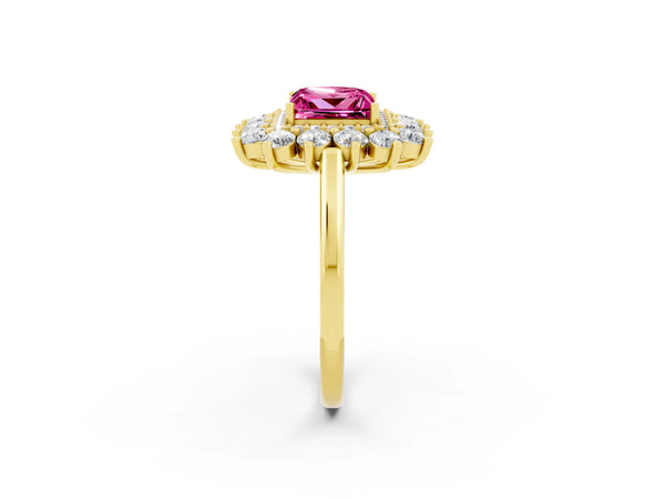 Yellow Gold Princess Cut Lab-Grown Pink Sapphire Floral Double Halo Engagement Ring with Plain Band