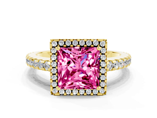 Yellow gold Princess Cut Pink Sapphire Halo Engagement Ring with Pavé Band and Prong Setting