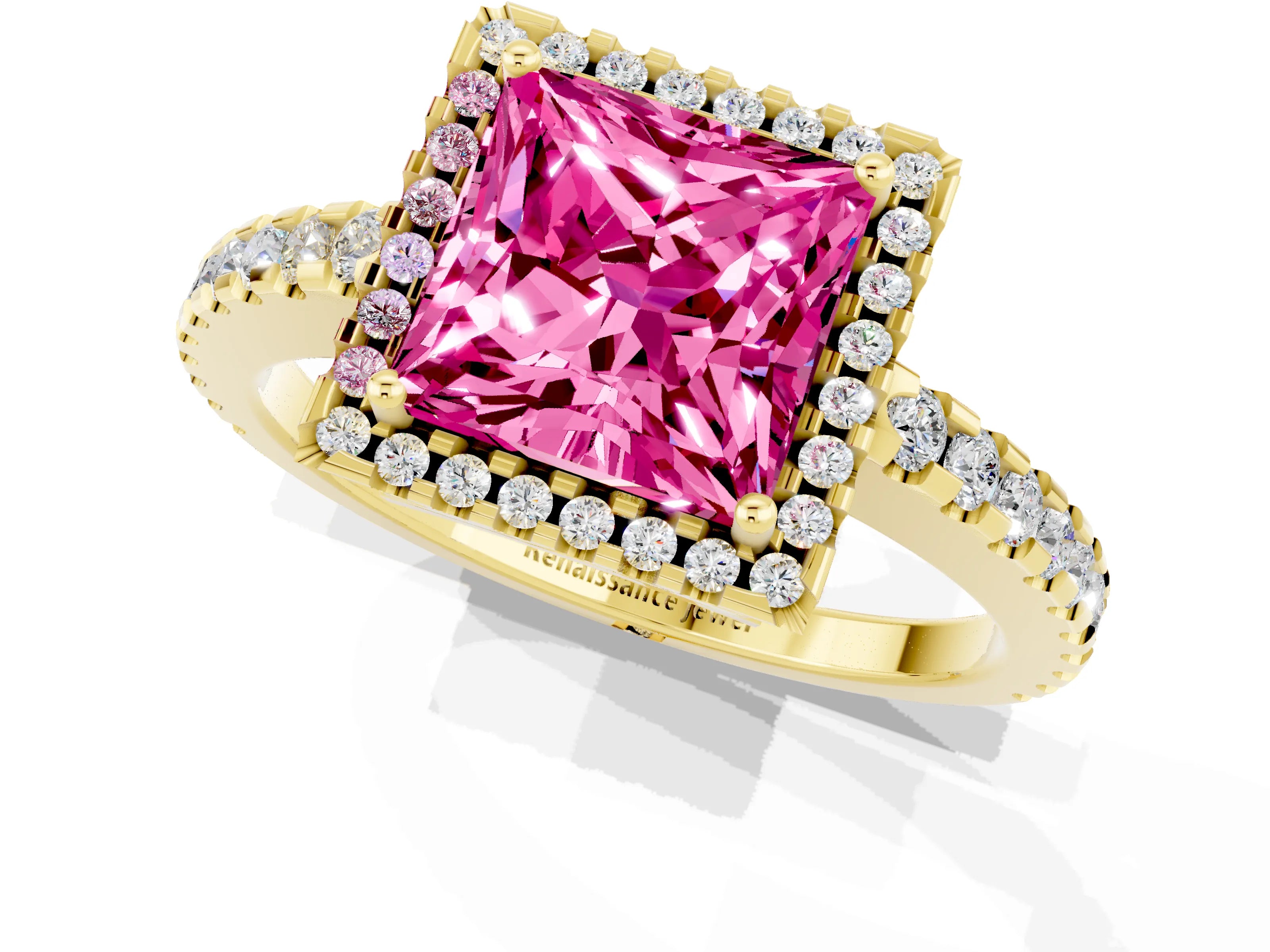 Yellow gold Princess Cut Pink Sapphire Halo Engagement Ring with Pavé Band and Prong Setting_13