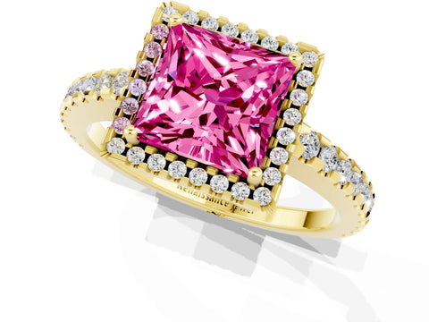 Yellow gold Princess Cut Pink Sapphire Halo Engagement Ring with Pavé Band and Prong Setting_13