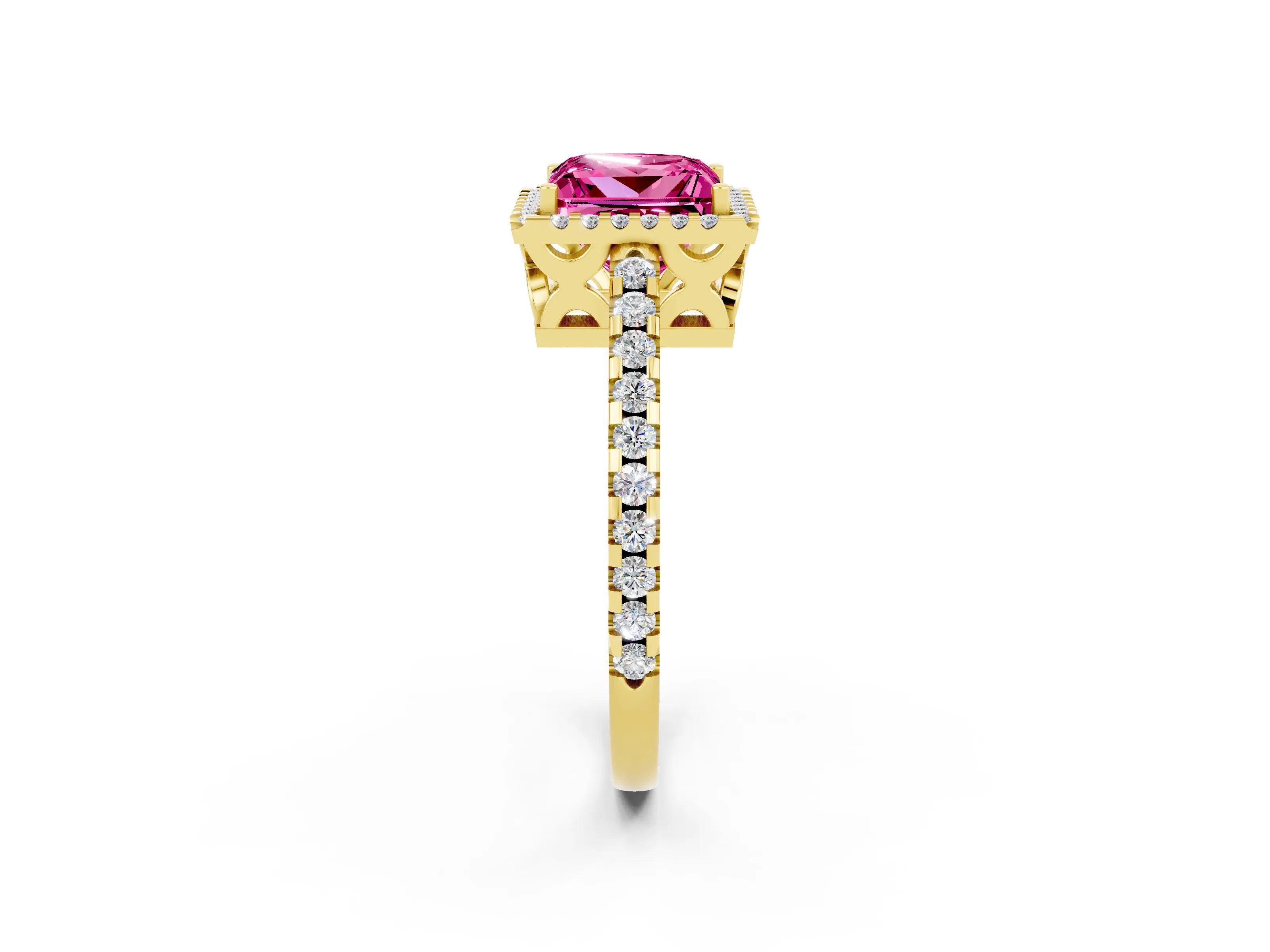 Yellow gold Princess Cut Pink Sapphire Halo Engagement Ring with Pavé Band and Prong Setting_14