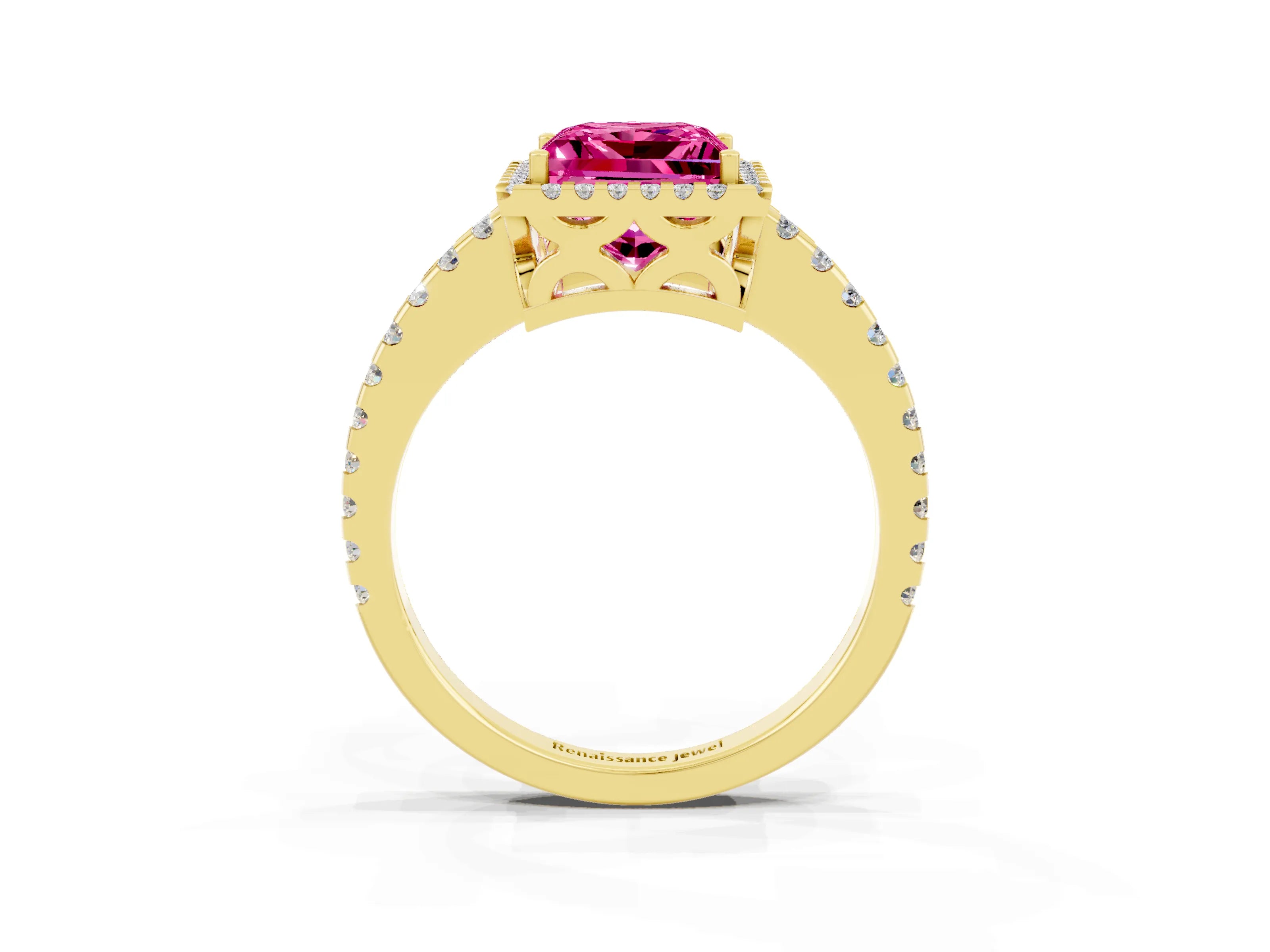 Yellow gold Princess Cut Pink Sapphire Halo Engagement Ring with Pavé Band and Prong Setting_15