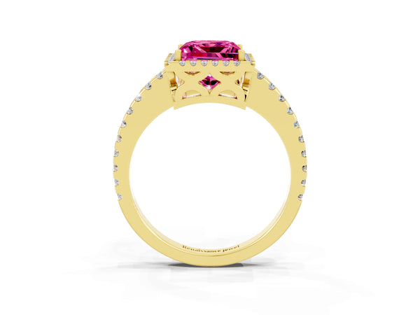 Yellow gold Princess Cut Pink Sapphire Halo Engagement Ring with Pavé Band and Prong Setting