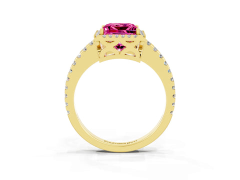 Yellow gold Princess Cut Pink Sapphire Halo Engagement Ring with Pavé Band and Prong Setting_15