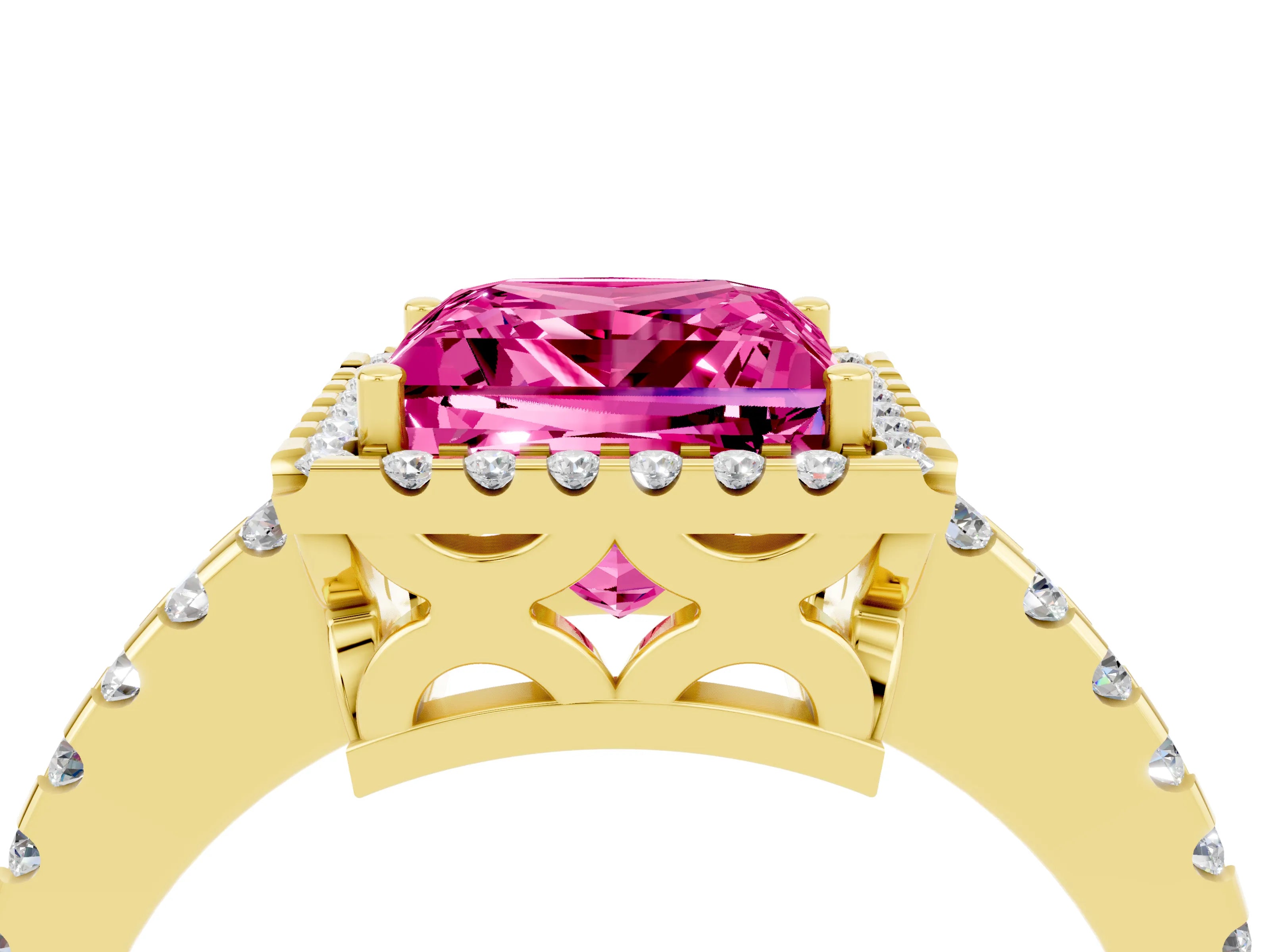 Yellow gold Princess Cut Pink Sapphire Halo Engagement Ring with Pavé Band and Prong Setting_16