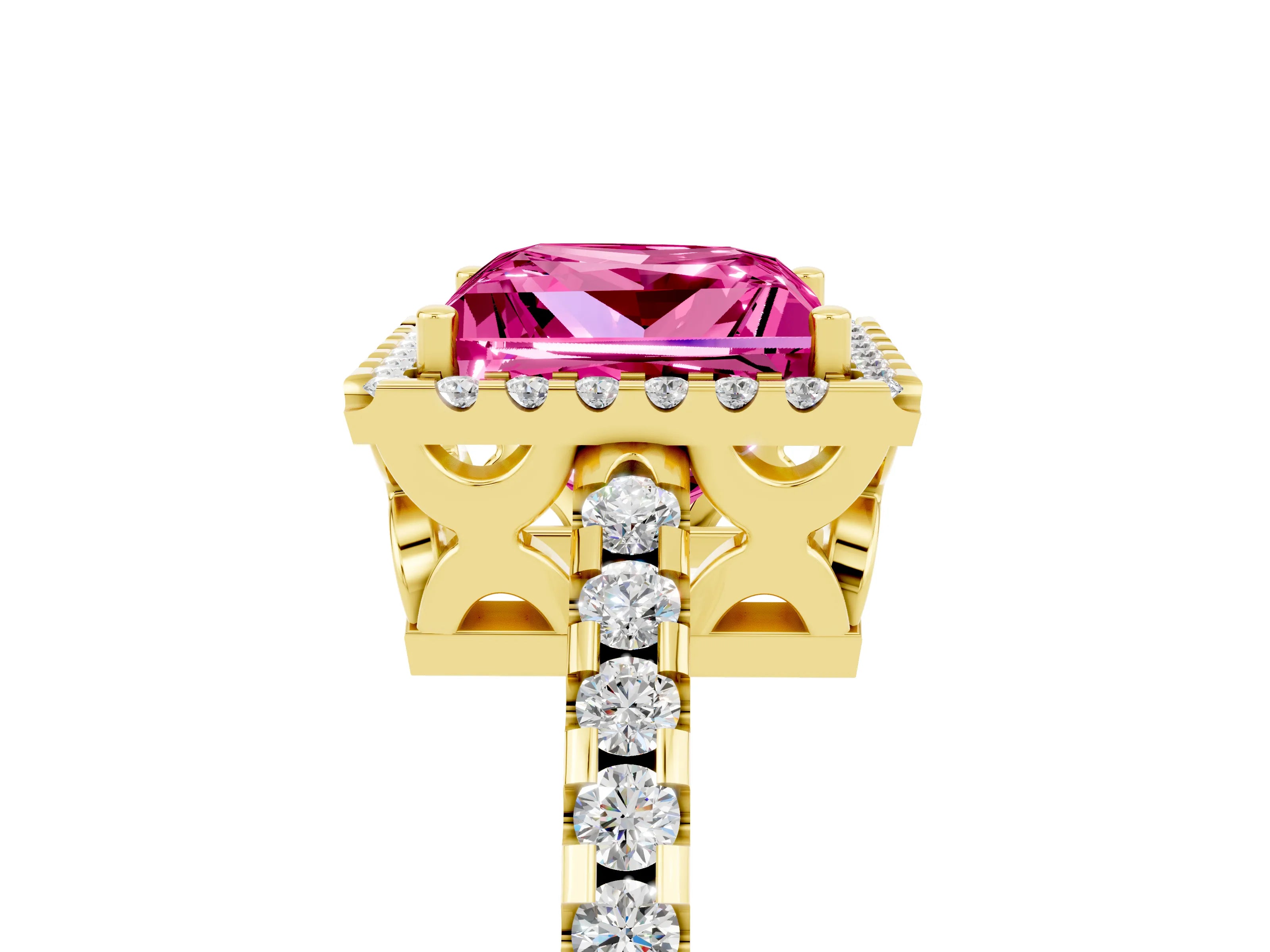 Yellow gold Princess Cut Pink Sapphire Halo Engagement Ring with Pavé Band and Prong Setting_17