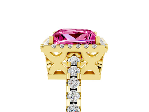 Yellow gold Princess Cut Pink Sapphire Halo Engagement Ring with Pavé Band and Prong Setting_17