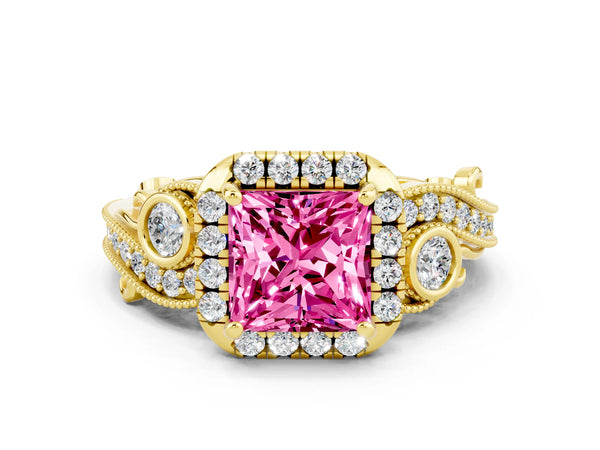 Yellow gold Princess Cut Pink Sapphire Halo Ring with Milgrain Pavé Band and Four-Prong Setting
