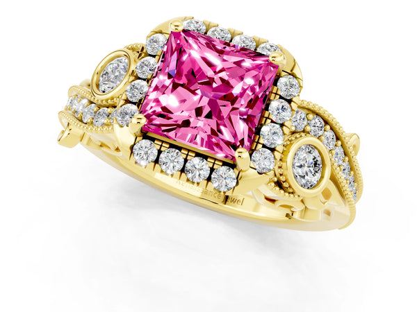 Yellow gold Princess Cut Pink Sapphire Halo Ring with Milgrain Pavé Band and Four-Prong Setting