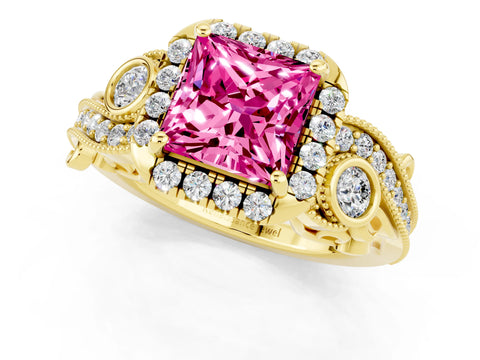 Yellow gold Princess Cut Pink Sapphire Halo Ring with Milgrain Pavé Band and Four-Prong Setting_13