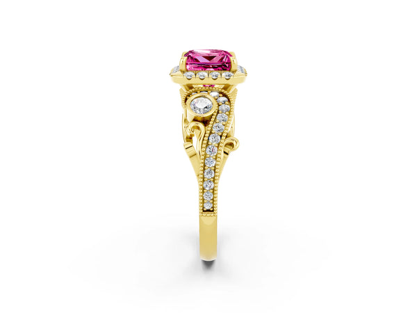 Yellow gold Princess Cut Pink Sapphire Halo Ring with Milgrain Pavé Band and Four-Prong Setting