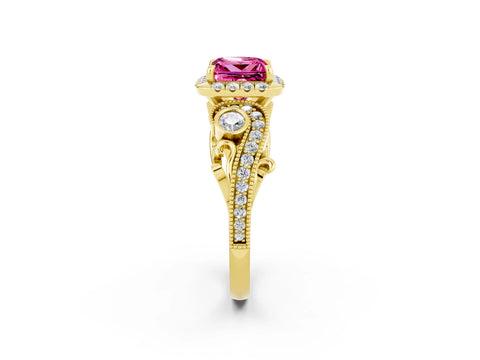 Yellow gold Princess Cut Pink Sapphire Halo Ring with Milgrain Pavé Band and Four-Prong Setting_14