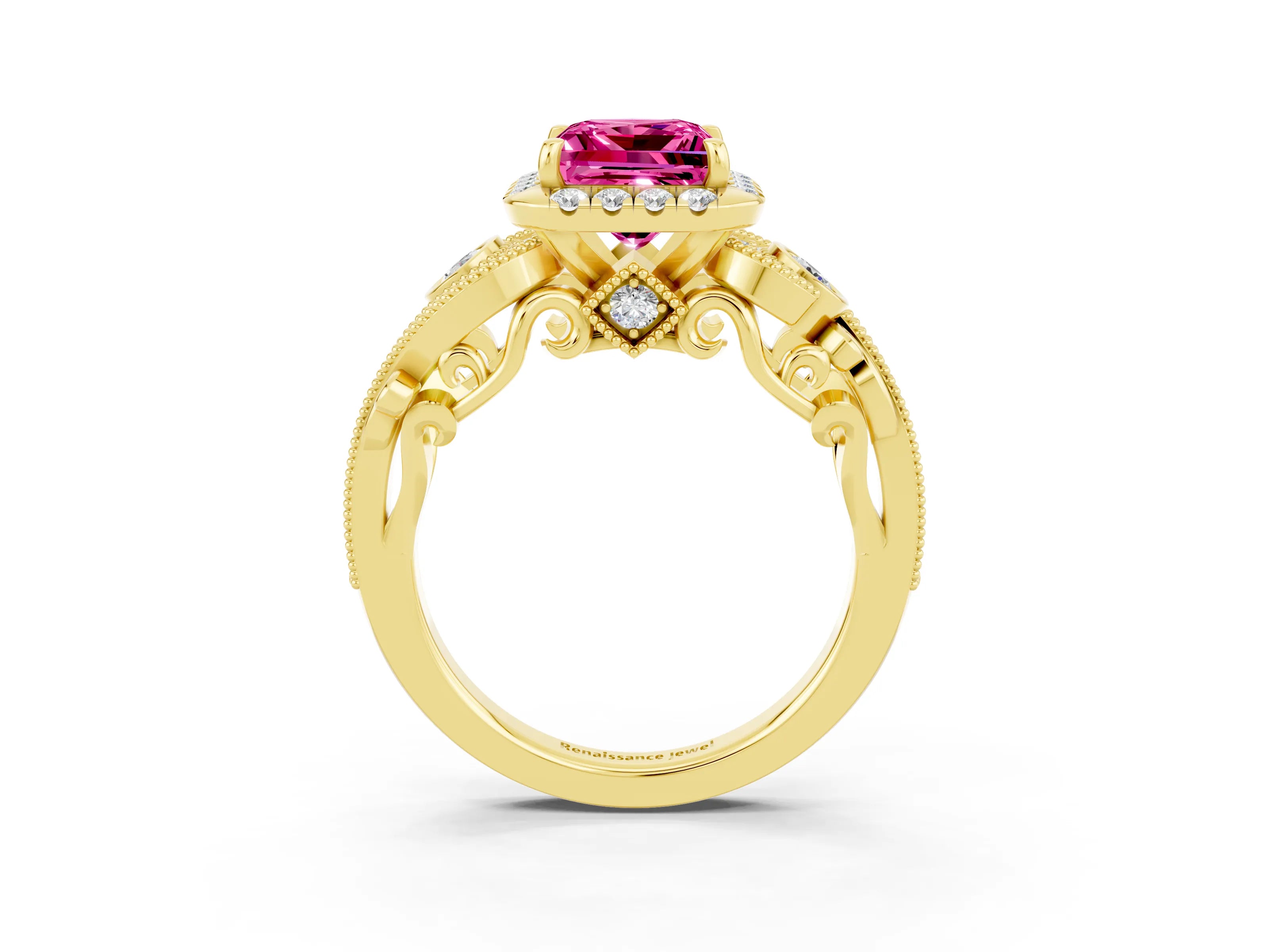 Yellow gold Princess Cut Pink Sapphire Halo Ring with Milgrain Pavé Band and Four-Prong Setting_15