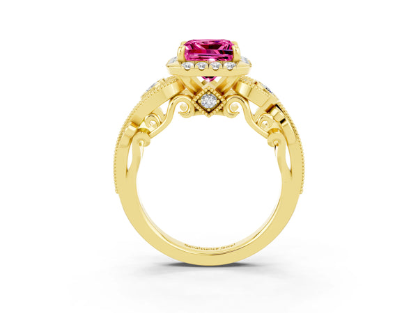 Yellow gold Princess Cut Pink Sapphire Halo Ring with Milgrain Pavé Band and Four-Prong Setting