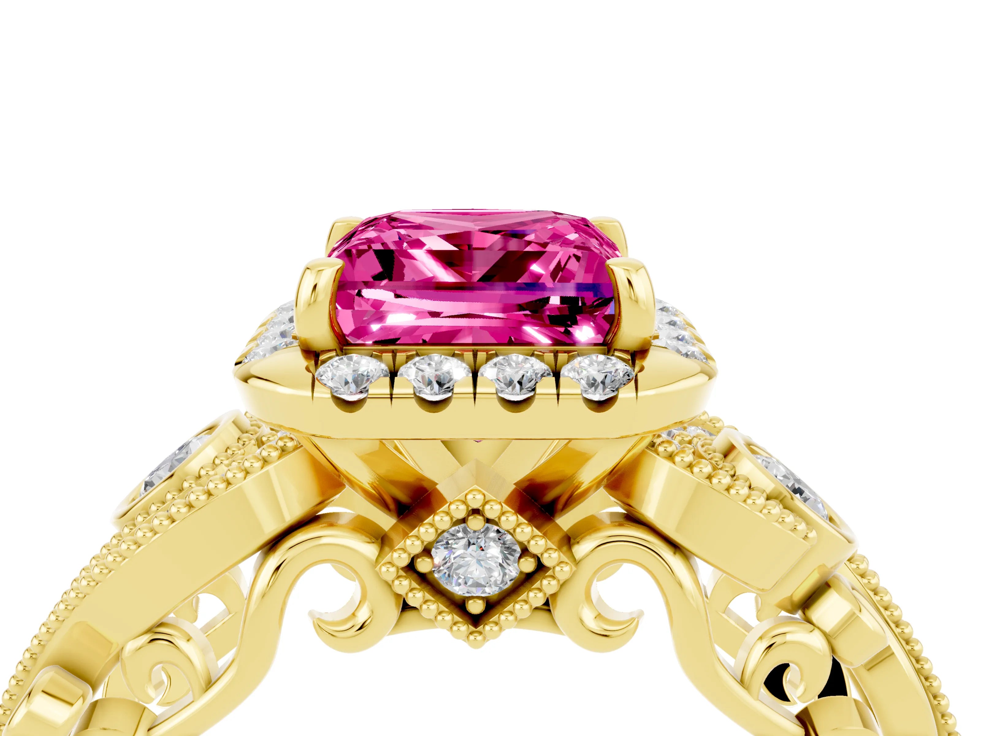 Yellow gold Princess Cut Pink Sapphire Halo Ring with Milgrain Pavé Band and Four-Prong Setting_16